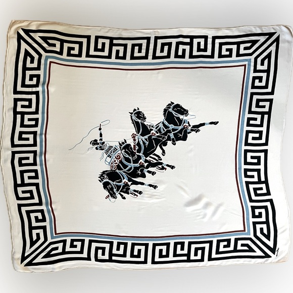 Vintage Chariot Scene Crepe Silk Scarf | Cohama | Charioteer Warrior | 33”x38.5” - Picture 5 of 17